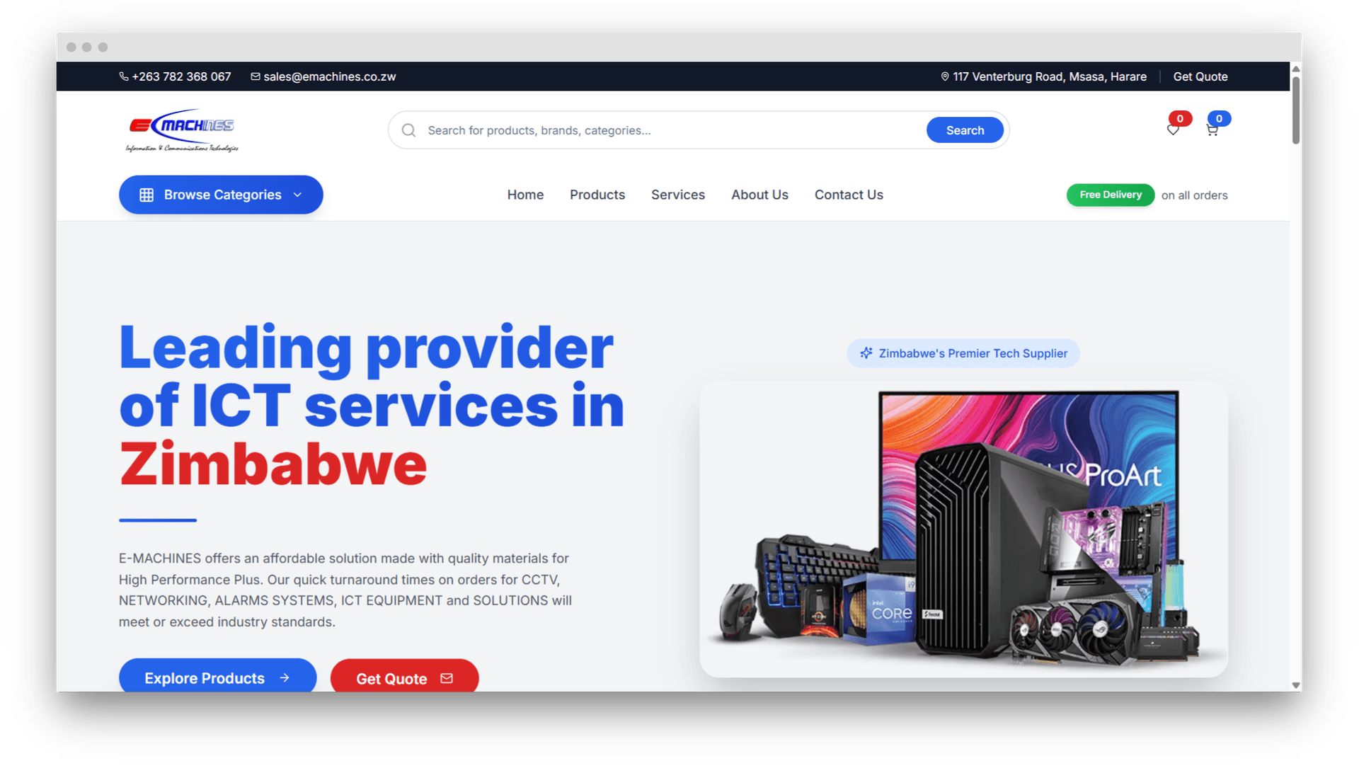 E Machine ICT Products Website - Custom e-commerce website developed by Line IT Consultancy for Zimbabwe's leading ICT supplier