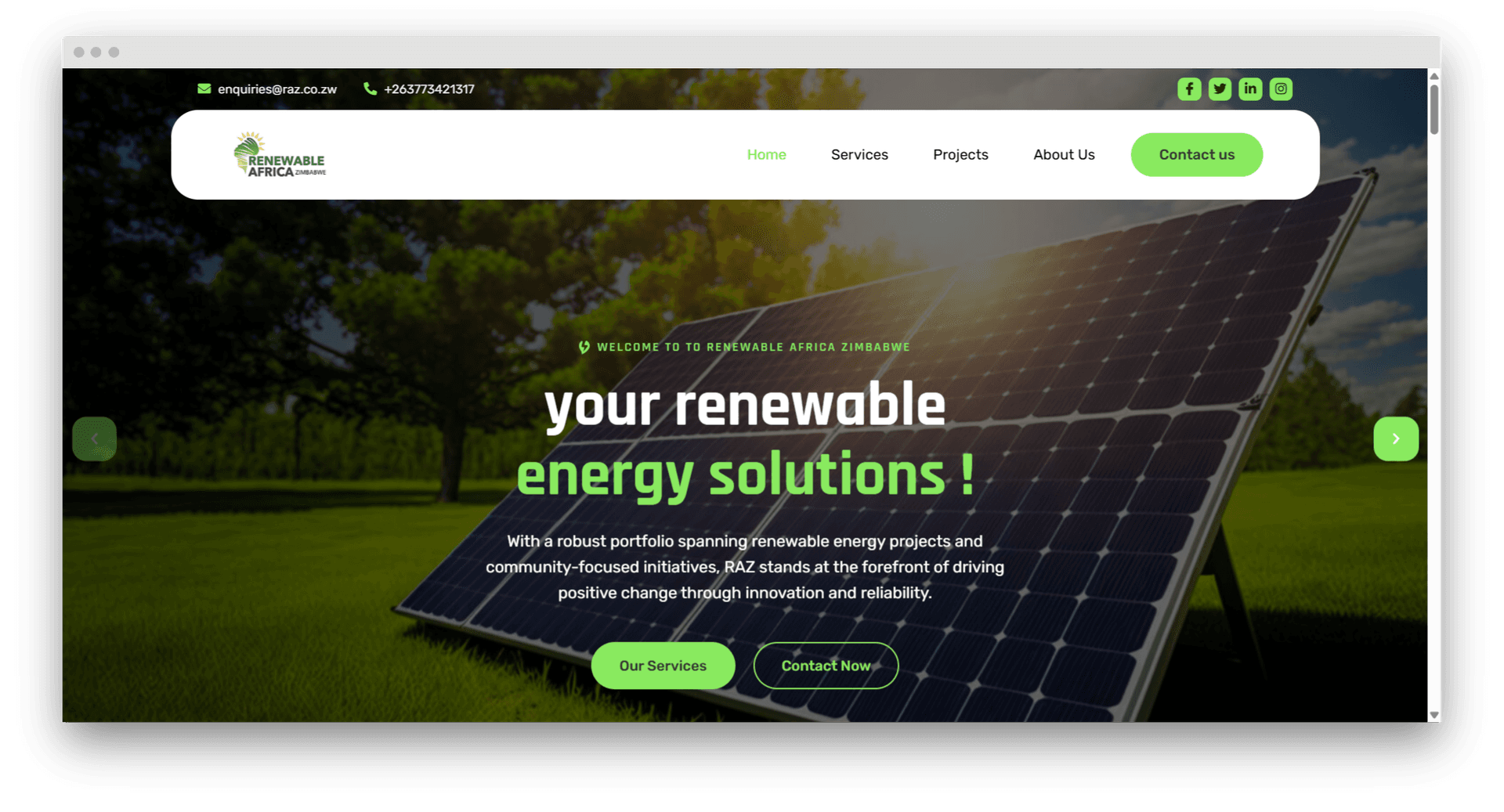 Renewable Africa Zimbabwe Website - Solar energy solutions website developed by Line IT